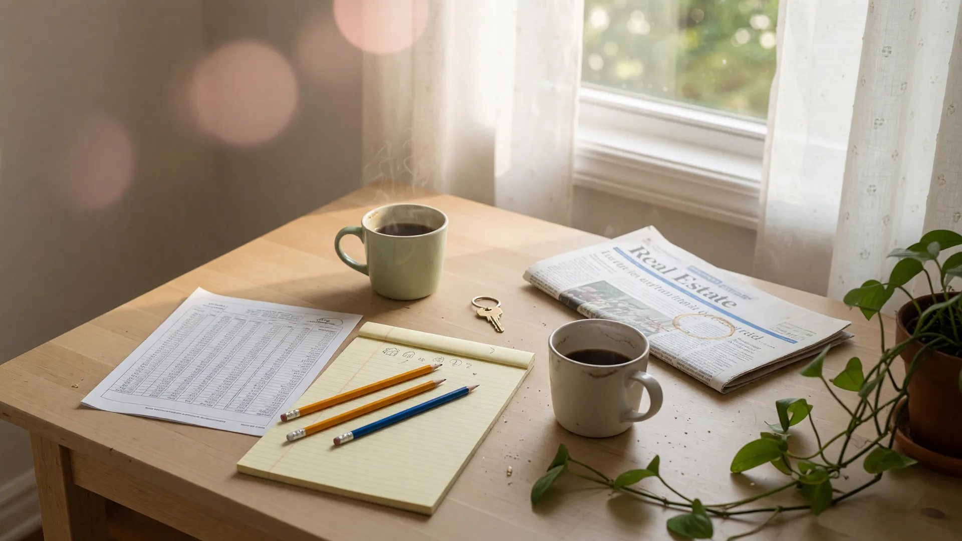 A bright kitchen table with a mortgage calculator, blank notepad, house key, and two steaming mugs of coffee in soft morning light, planning a home purchase budget