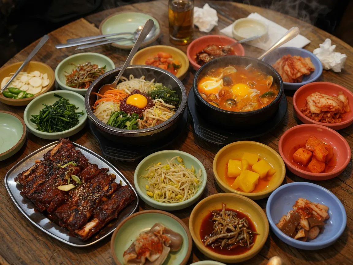 Korean BBQ spread in Fort Lee NJ with marinated short ribs, banchan side dishes, and bubbling stew on a rustic wooden table