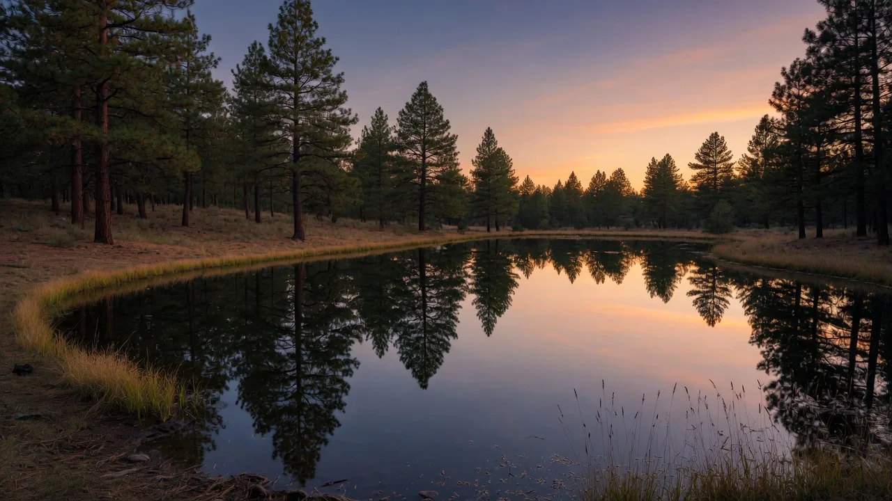 Still pond at dusk ringed by ponderosa pines