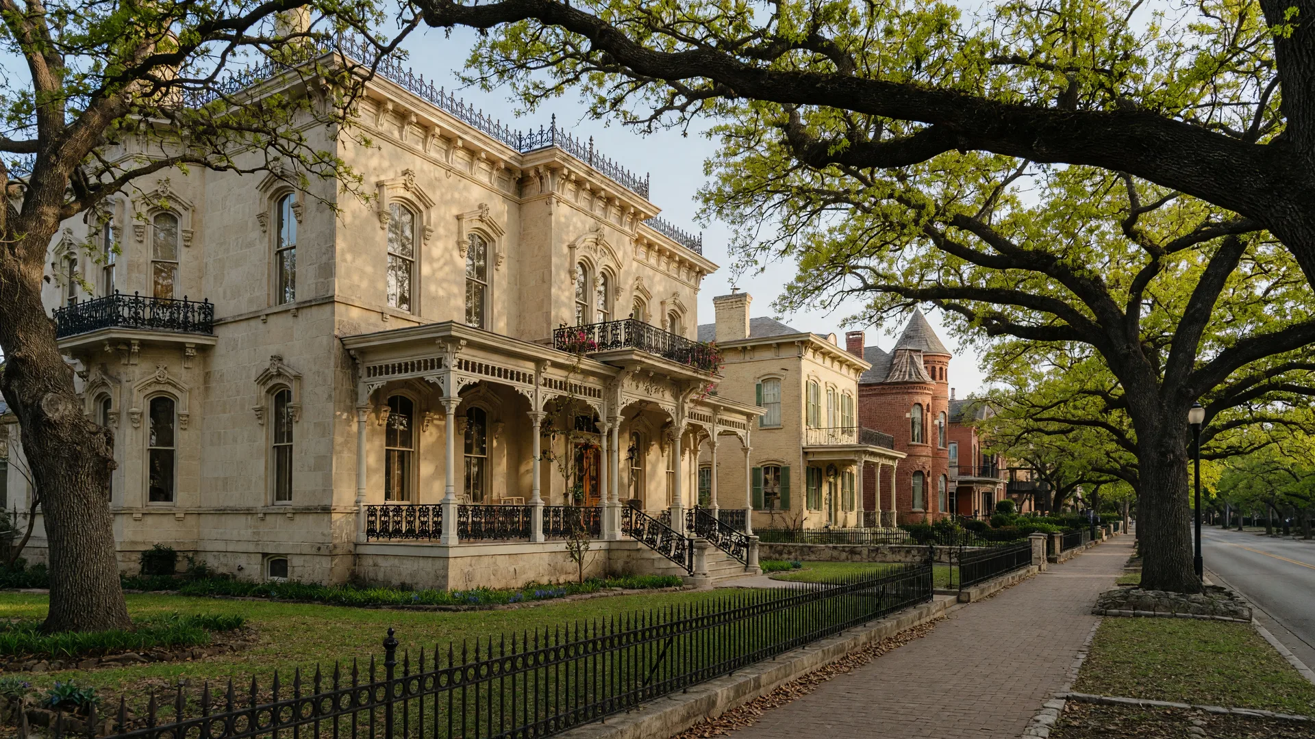 Grand Victorian limestone mansion in the King William Historic District, San Antonio, shaded by ancient live oak trees on a bright spring morning