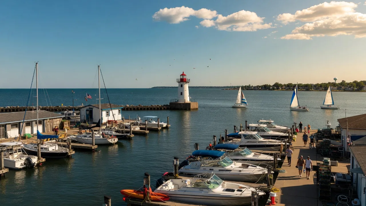 Port Clinton marina and lighthouse on the Lake Erie shoreline on a bright summer afternoon