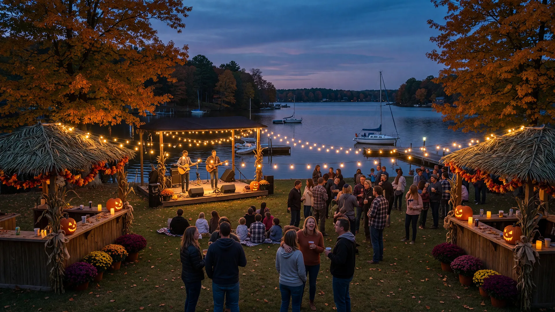 A late-October lakeside concert on the BoatYard waterfront at blue hour in Cornelius, string lights over the lawn, golden autumn shoreline foliage, sailboats on the lake, and jack-o-lanterns on the drink rails