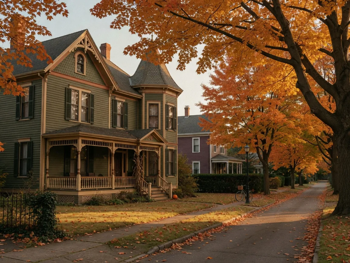 Classic Victoria family home on a tree-lined street during fall with golden-hour light and autumn colours