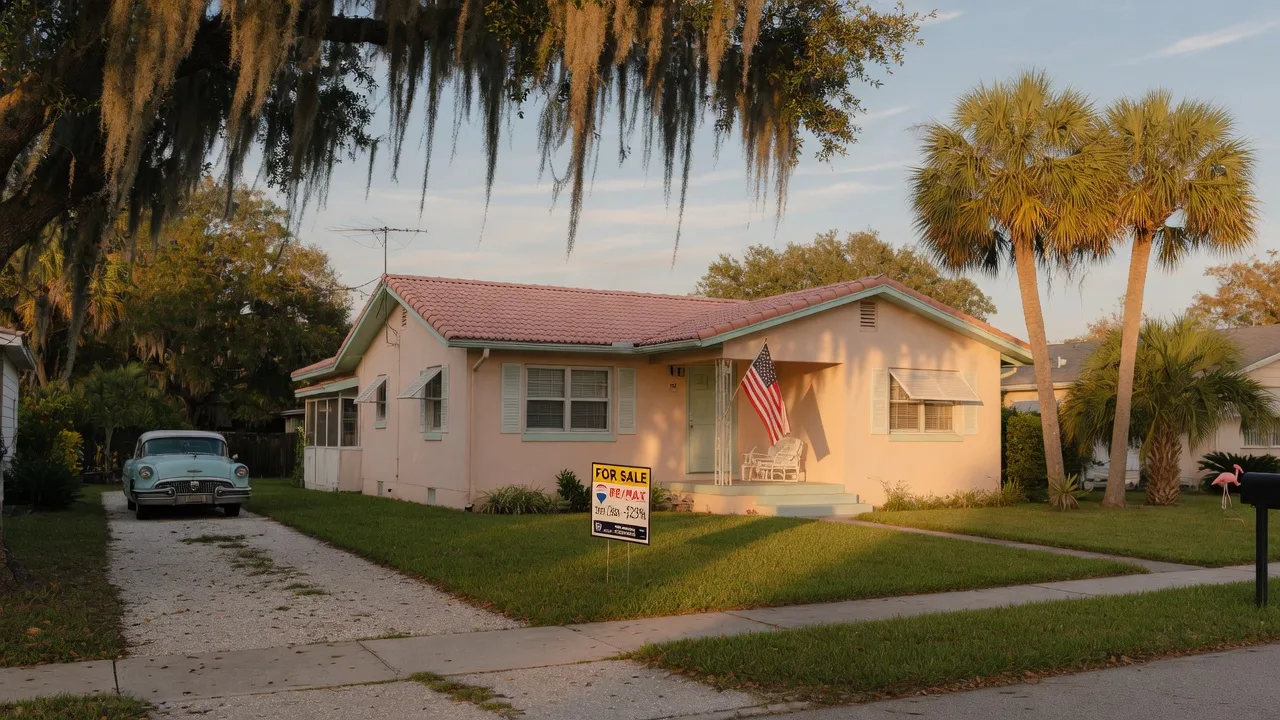 A 1950s pastel bungalow in New Port Richey with an American flag on the porch post and a For Sale sign on the lawn, live oaks draped in Spanish moss in golden late-afternoon light