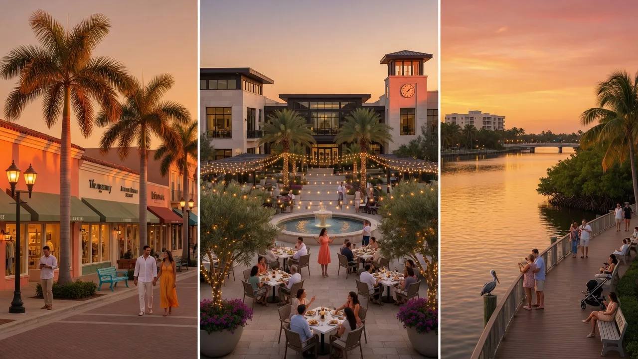 Three vibrant downtown districts in Southwest Florida at golden hour — Sarasota's Main Street, Lakewood Ranch's plaza, and Bradenton's Riverwalk