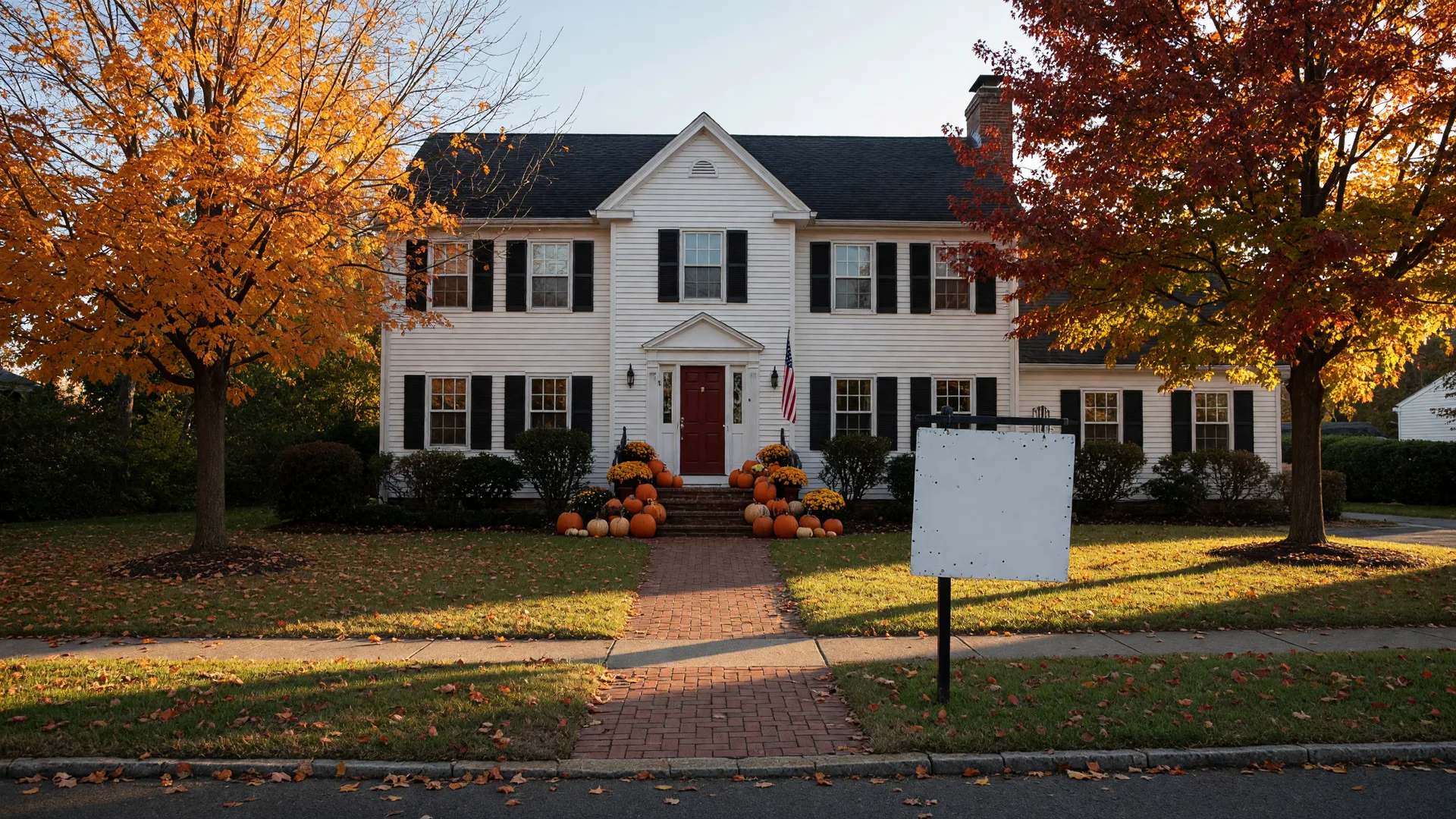 A Delran colonial home with a for-sale sign in golden October light