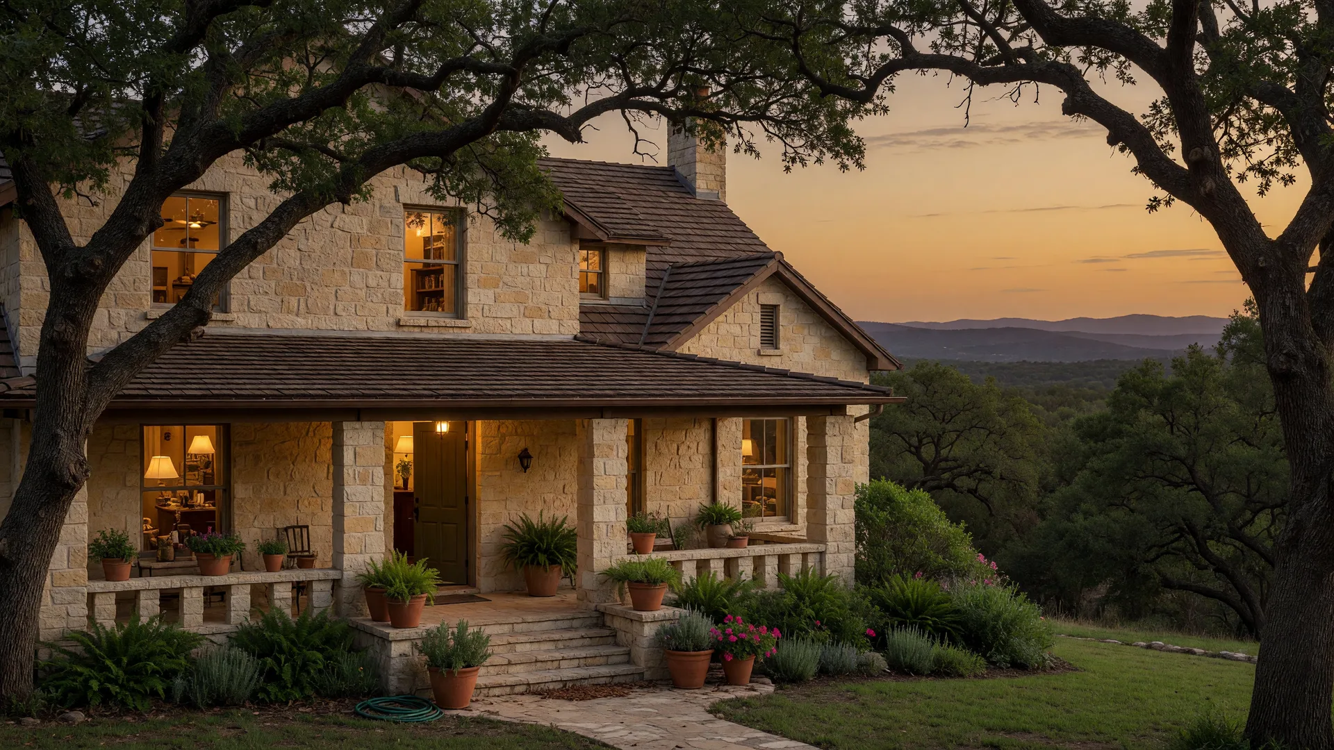 A Hill Country style home at dusk with warm lamplight, live oaks, and ridgelines behind, a classic San Antonio real estate view
