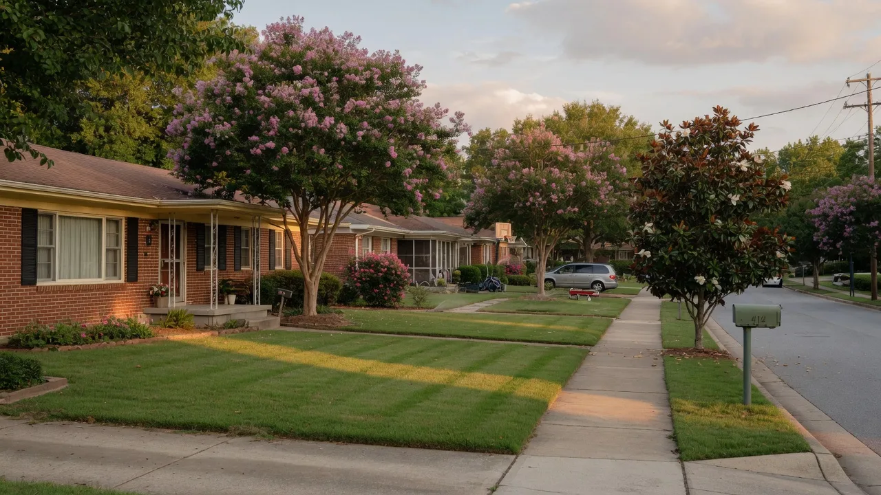 Tree-lined residential street in Riverdale Georgia with mid-century brick ranch homes