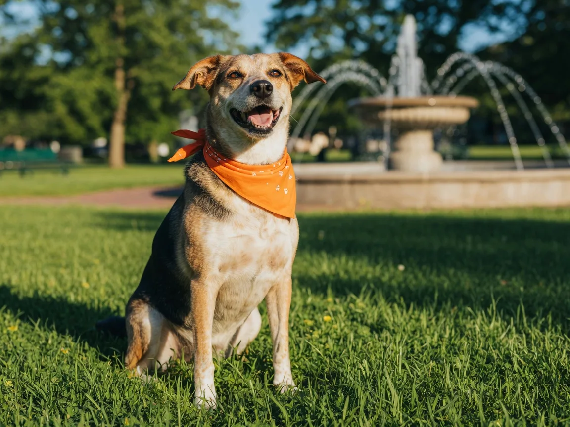 A smiling mixed-breed rescue dog wearing an orange bandana, sitting in the green grass of a sunny park