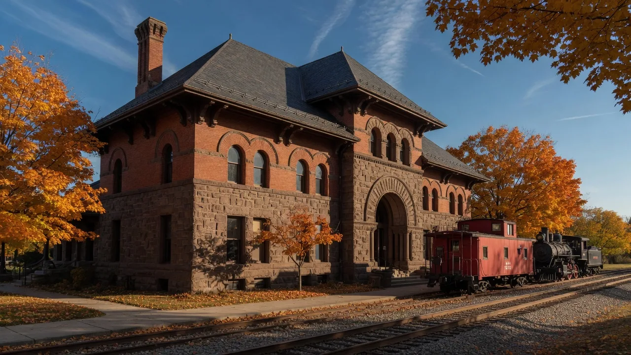 The restored 1893 Richardsonian Romanesque railroad depot at the Painesville Railroad Museum on a clear late-October afternoon, brownstone-and-brick round-arched windows and a steep hipped roof beside the tracks, with a vintage red caboose and a black steam locomotive on display and autumn maples turning orange and gold around the platform