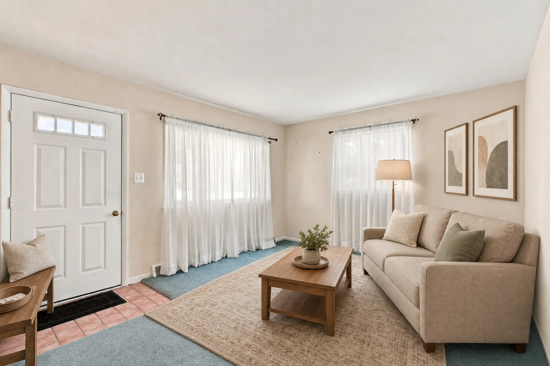 Living room at the front entry with two bright windows