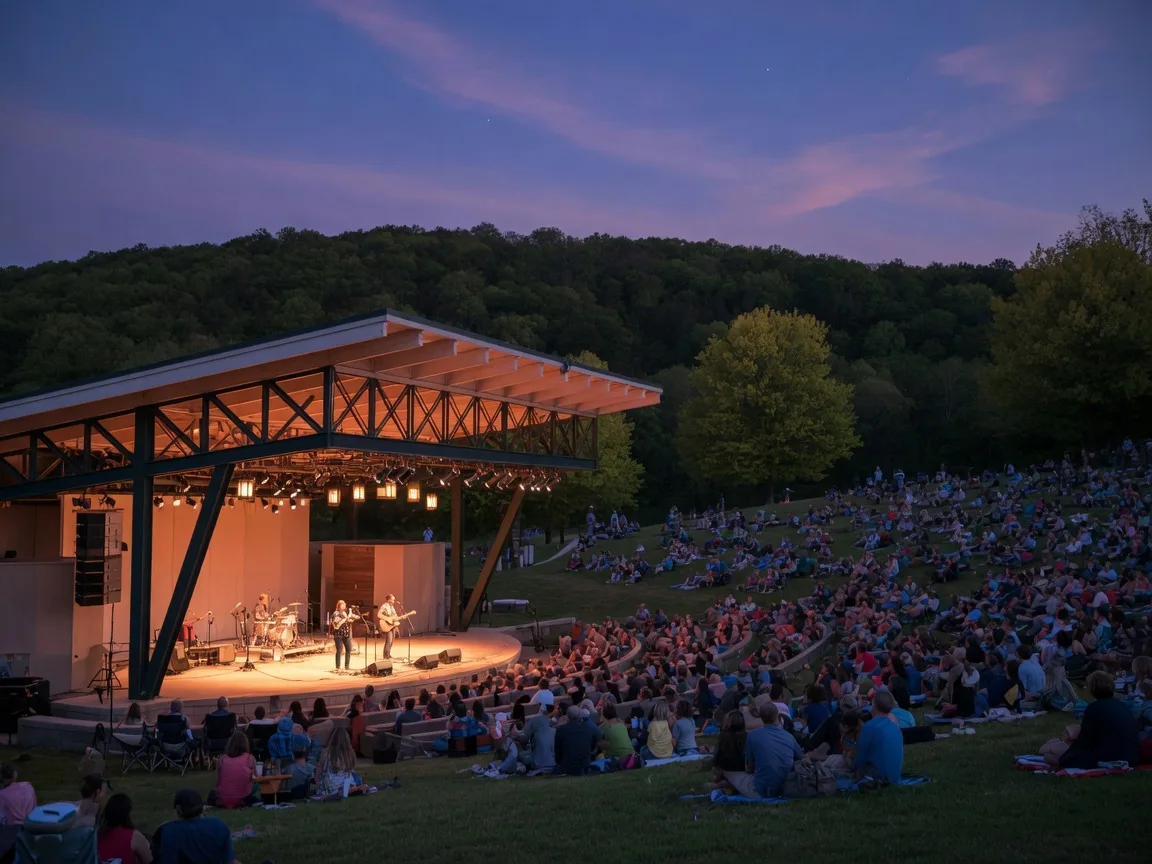 The Filene Center amphitheater at Wolf Trap in Vienna, Virginia at dusk with a folk-rock band performing on the illuminated stage, a large audience on the seats and lawn, and a deep blue early-autumn sky above the forested hillside