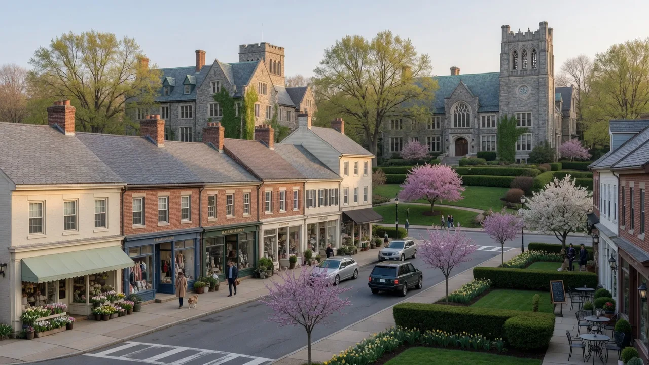 Bryn Mawr Main Line village with Lancaster Avenue, upscale shops, and historic college campus