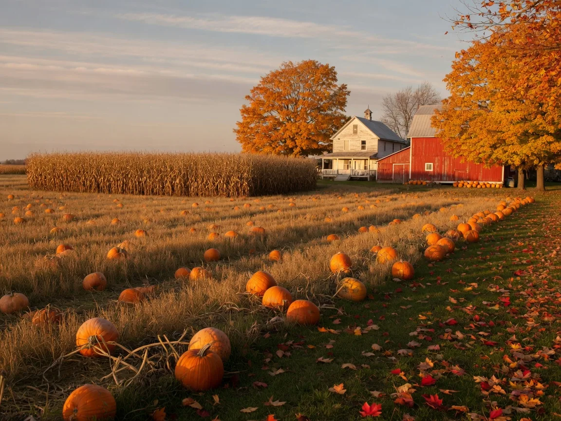 Rows of pumpkins in a golden Ohio field beside a tall corn maze, with a red barn and turning fall trees