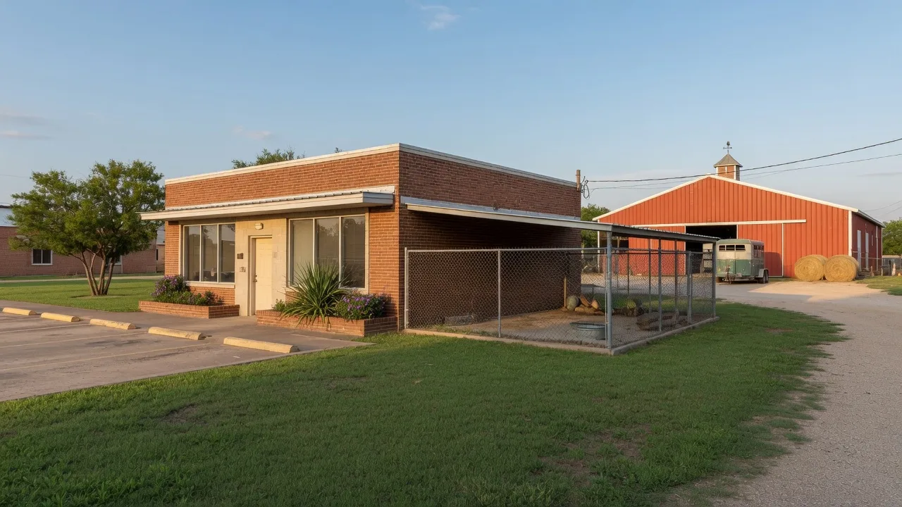 Single-story brick veterinary clinic in a small Texas town with fenced animal run and barn