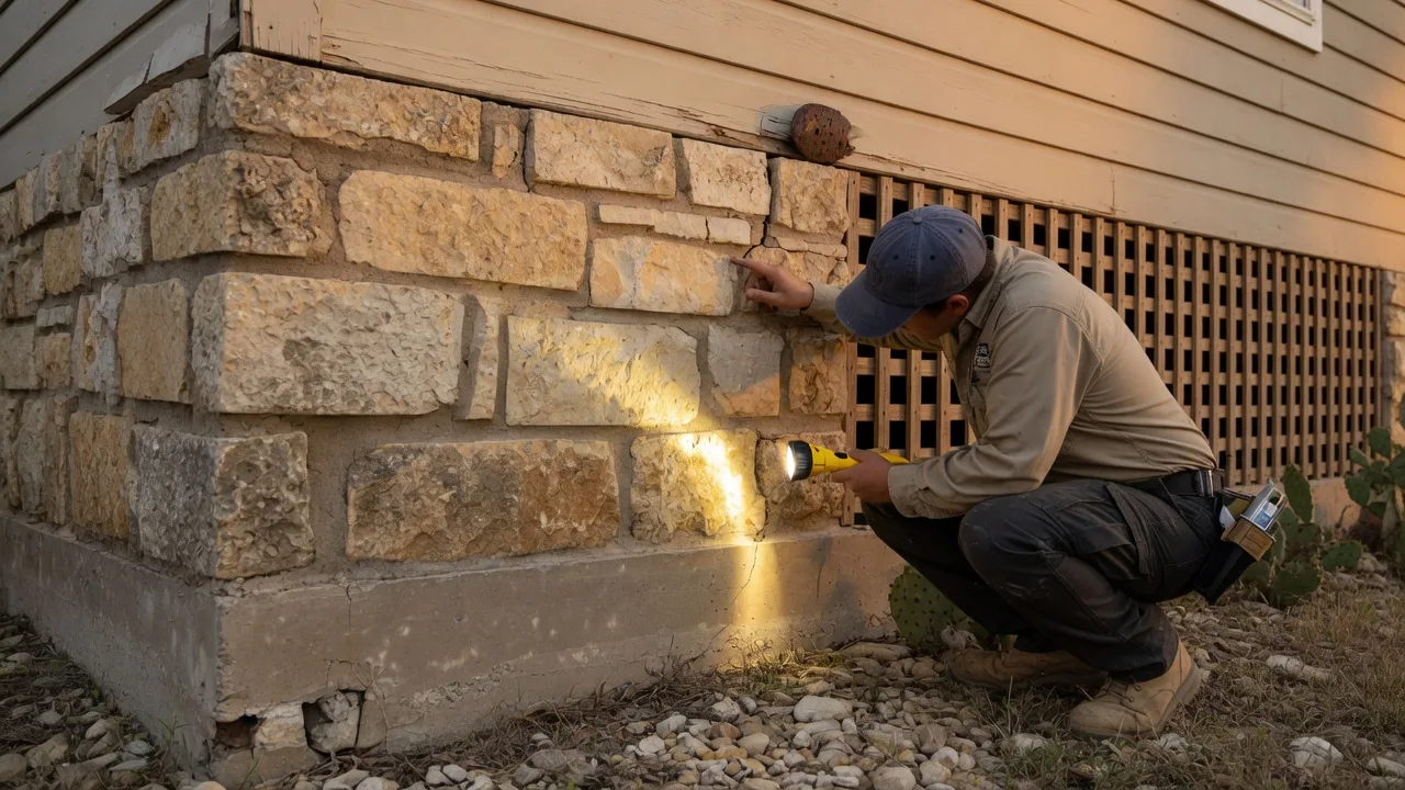 Home inspector examining foundation during the Texas option period due diligence process.