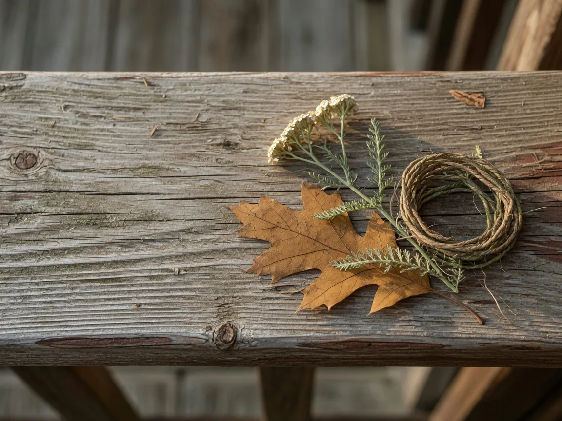 Weathered porch railing with a pressed oak leaf and a coil of twine, a field journal specimen