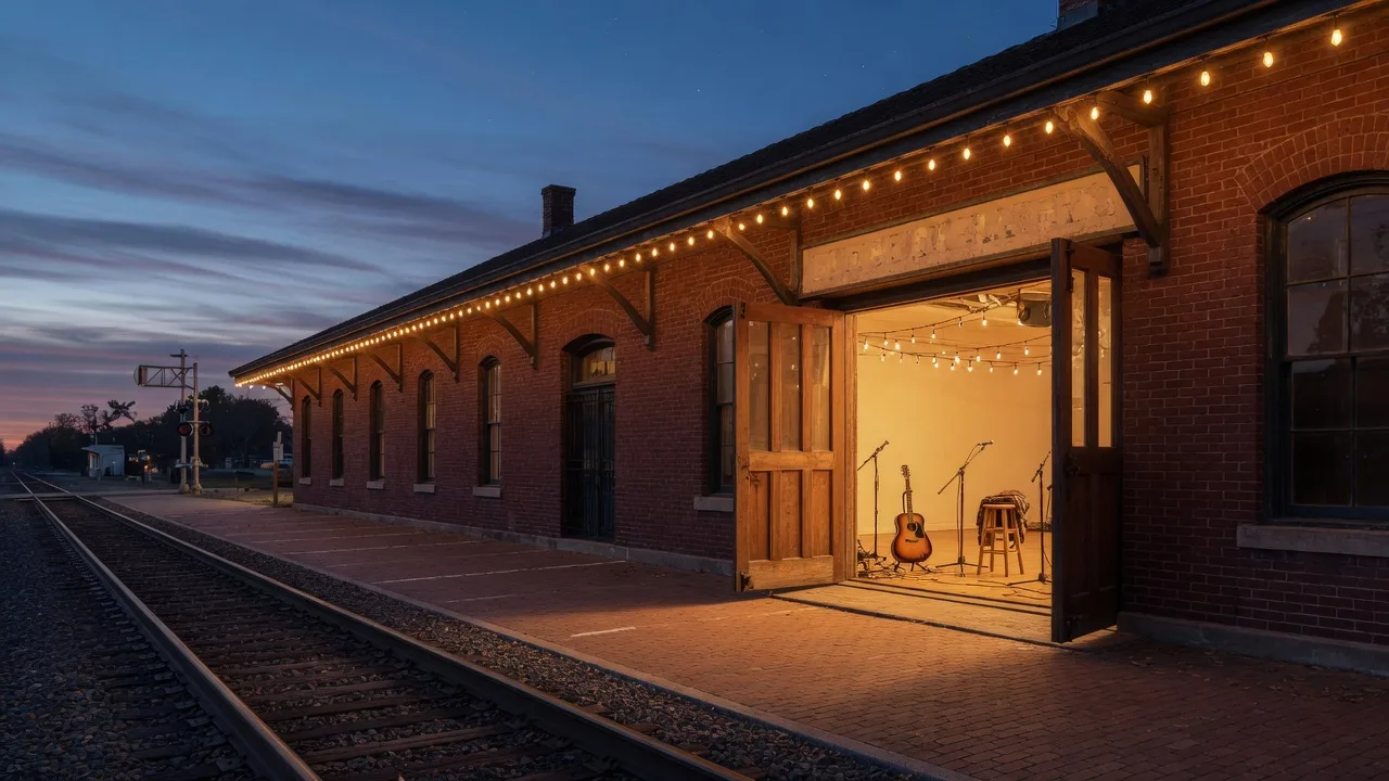 Historic red-brick railroad depot venue at dusk with warm light spilling from open doors and strings of bulbs glowing