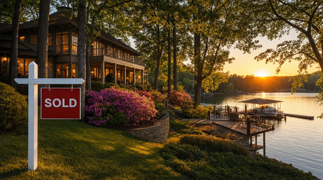 Team Haigh Realty helping homeowners sell in Acworth GA - lakeside home with Sold sign and private dock