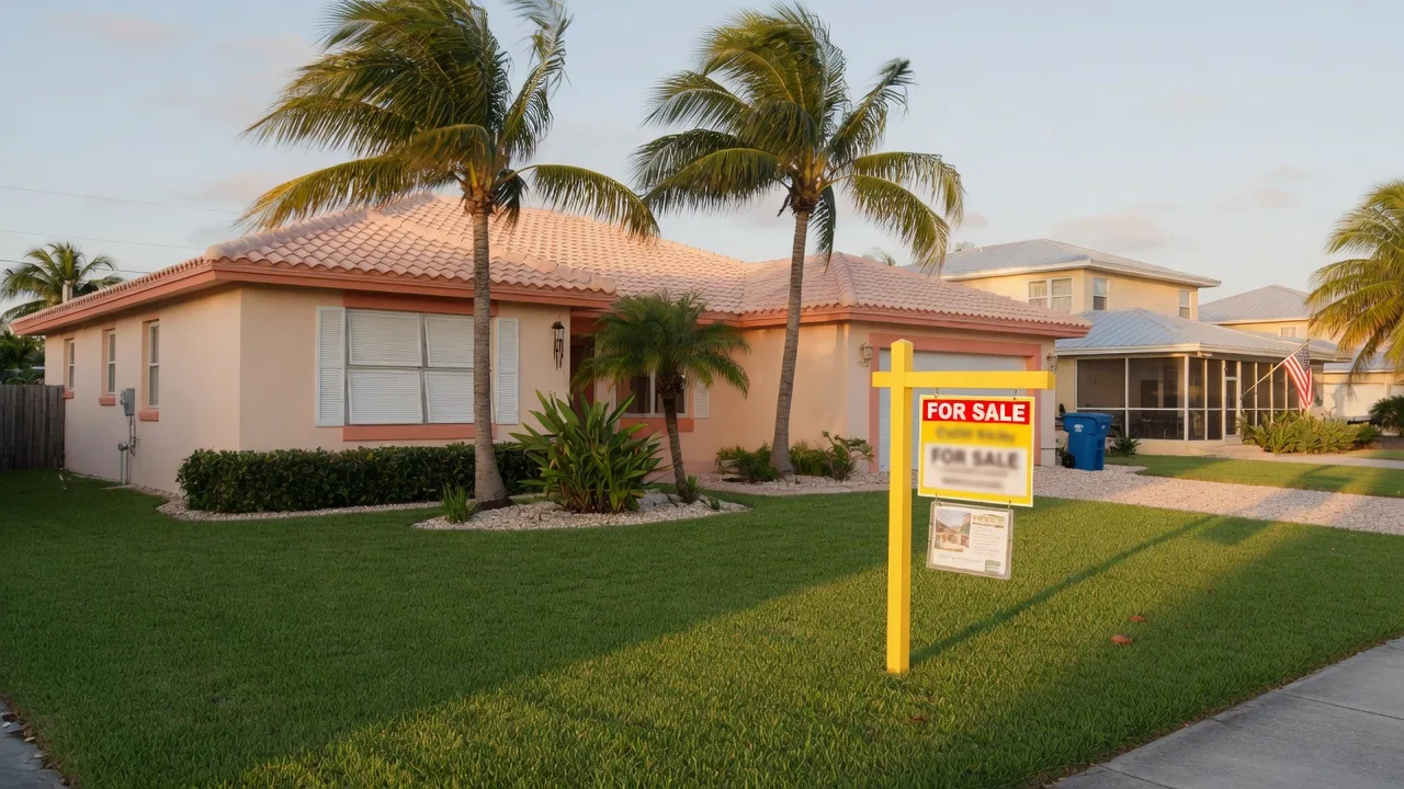 South Florida home with For Sale sign and palm trees on a sunny morning