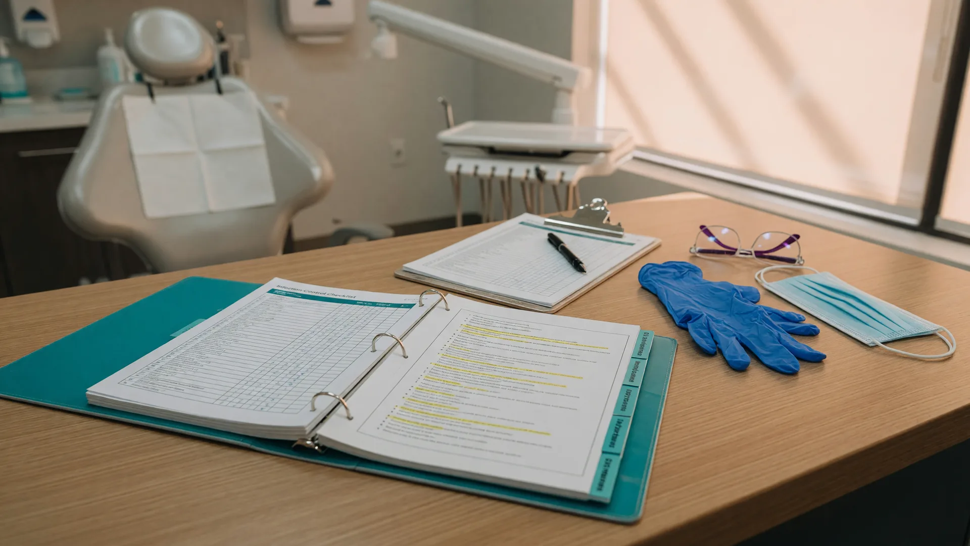 Open teal-tabbed compliance binder with infection control checklists, blue nitrile gloves, and a surgical mask on a dental office desk in warm afternoon light