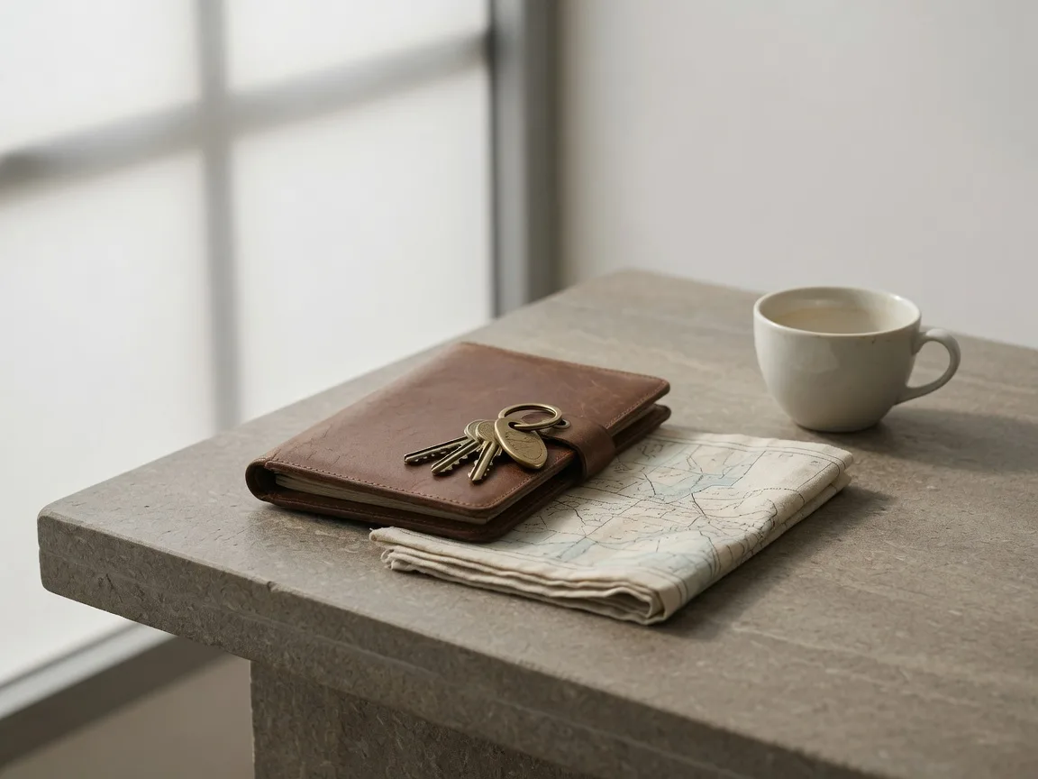 A leather folio, brass key ring, and folded map on a stone desk, a quiet still life