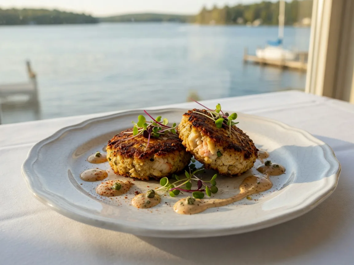 Golden pan-seared jumbo lump crab cakes with remoulade at Sidney's Restaurant at Lanier Islands