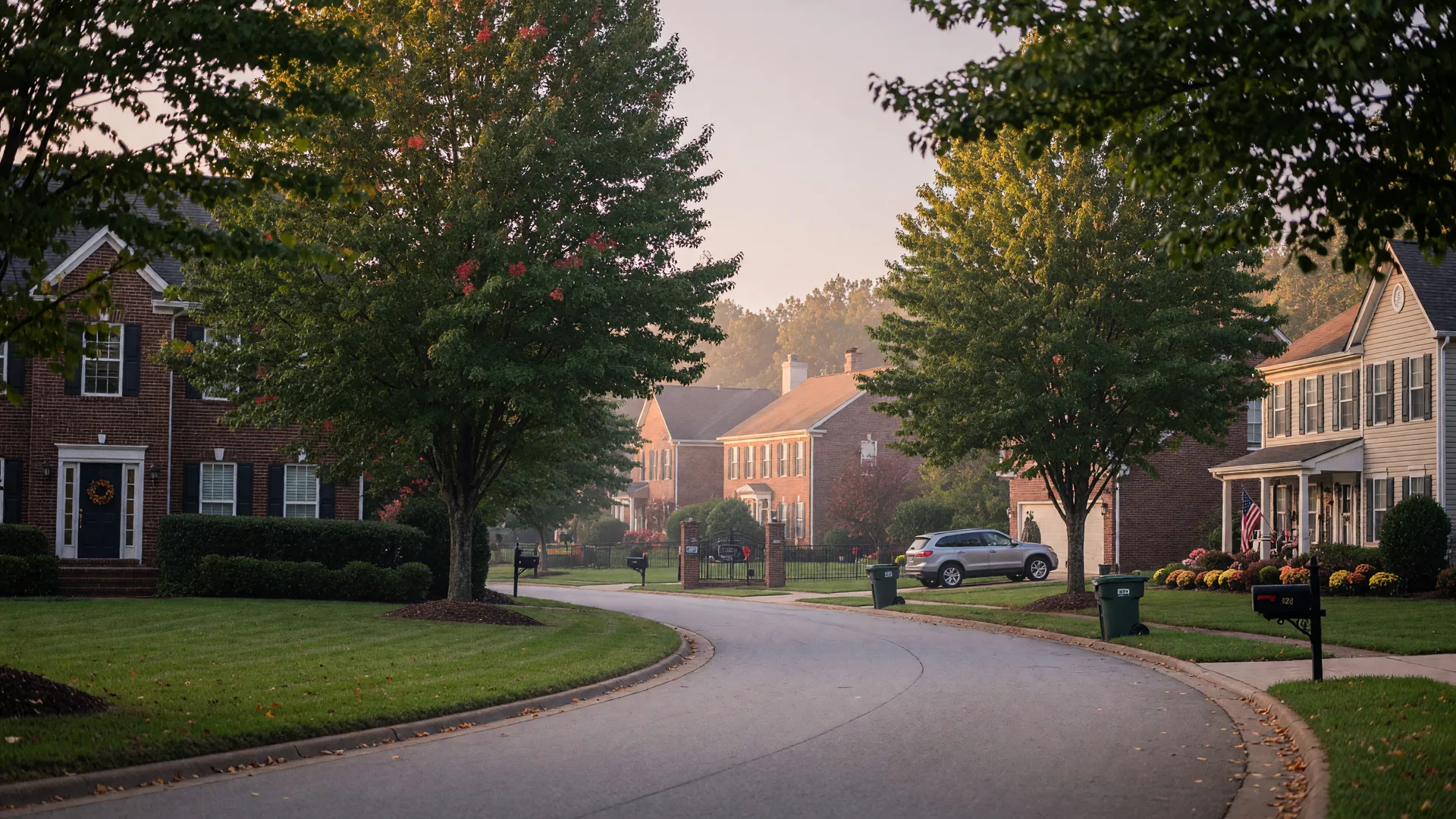 Tree-lined residential street in a gated North Carolina community in early autumn