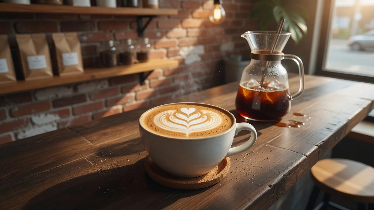 A beautifully crafted latte with latte art at Warehouse 4 Coffee in Beavercreek Ohio, served on a dark wooden counter with warm natural light