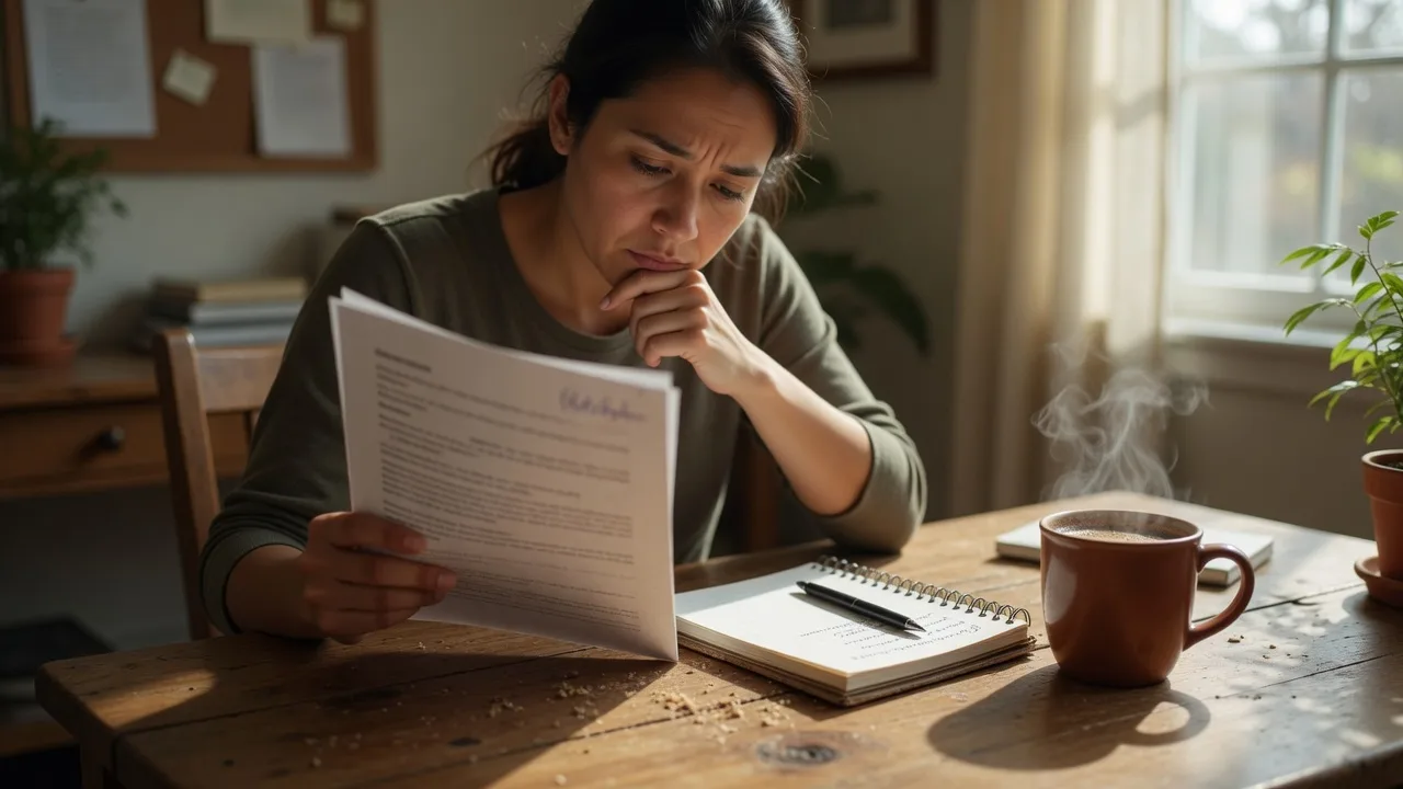 Person thoughtfully reviewing a document with a notepad in a warm home office