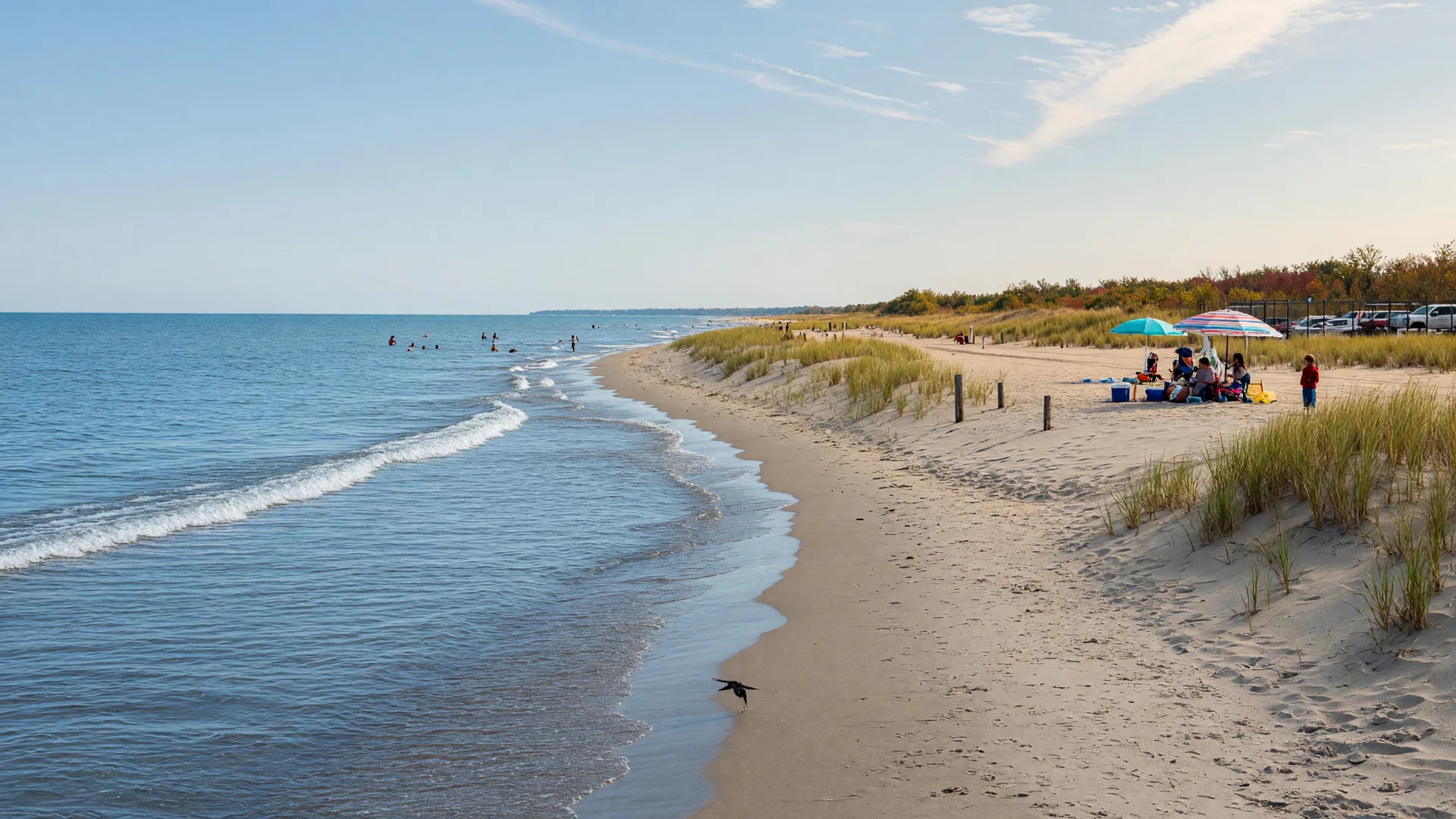 A broad arc of pale sand stretching nearly a mile along Lake Erie at Headlands Beach State Park in Mentor Ohio, with low dunes, beach grass, cool blue water under a clear early-autumn sky and a few families with umbrellas in the distance