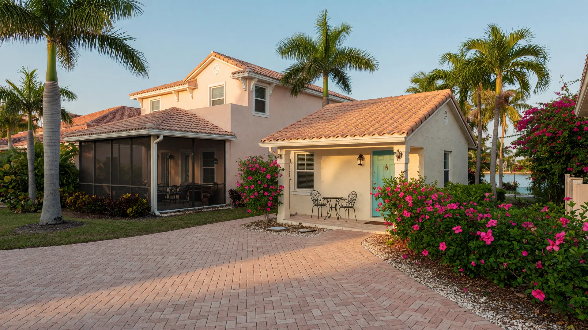 A detached Florida guest cottage behind a single-story Mediterranean-style home, with a barrel-tile roof, a bistro-chair porch, and tropical landscaping in late-afternoon golden light