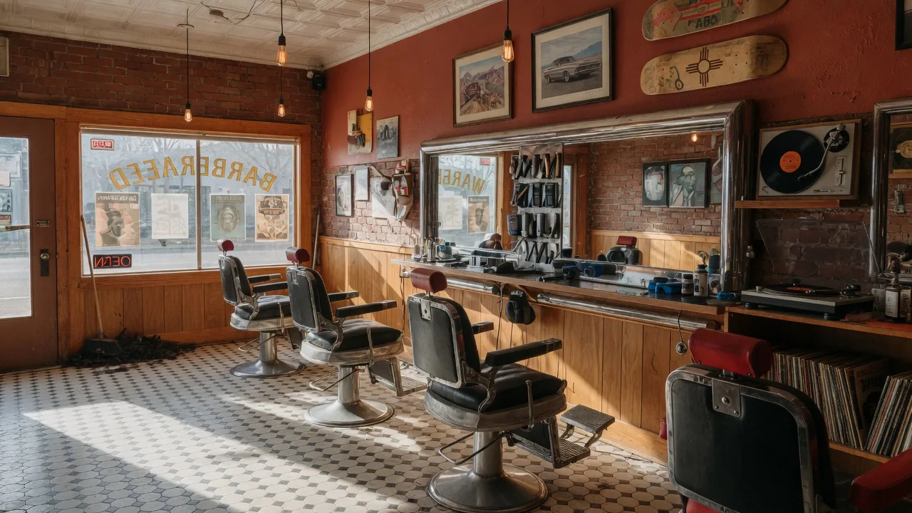 Sunlit vintage barbershop interior in downtown Albuquerque with classic barber chairs, warm Edison lighting, vinyl records, and local art on the walls