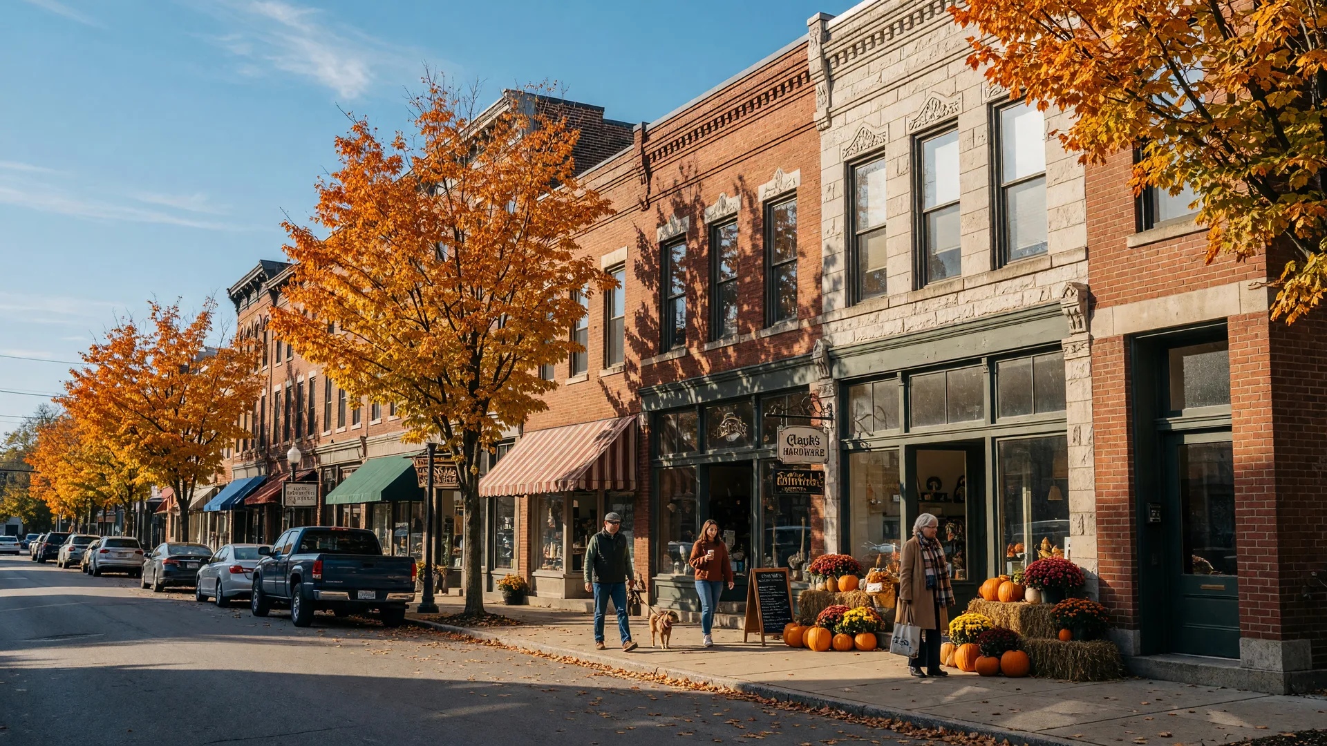 Historic downtown Springfield Ohio main street in mid-October with brick storefronts, turning maples, and pumpkins by a shop doorway