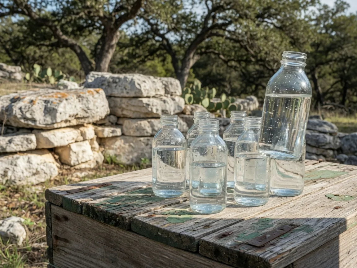 Clear glass sample bottles of well water resting in natural light on the wooden lid of a Texas Hill Country well vault, with limestone outcroppings and live oaks behind