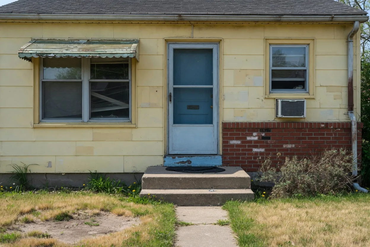 A close-up view of a small section showing peeling paint and deferred maintenance on a home exterior
