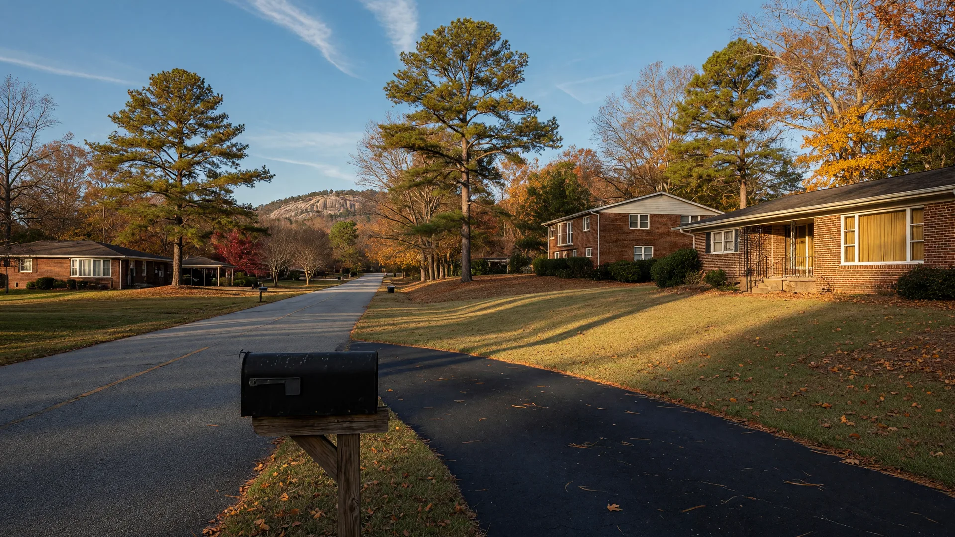 A quiet tree-lined residential street in the Ellenwood, Georgia area