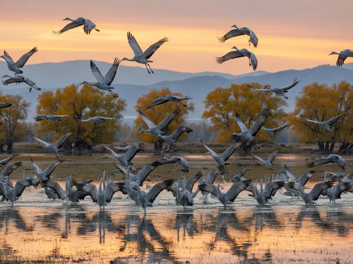 A large flock of sandhill cranes lifting off from a shallow seasonal wetland at Merced National Wildlife Refuge at sunrise, long-necked gray birds with dark wing tips rising against a golden-pink sky, still water reflecting the warm light