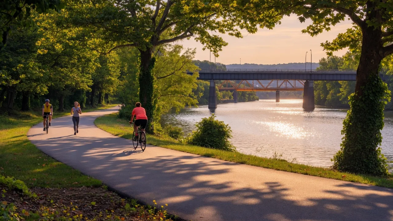 Schuylkill River Trail paved path alongside the river with cyclists and joggers