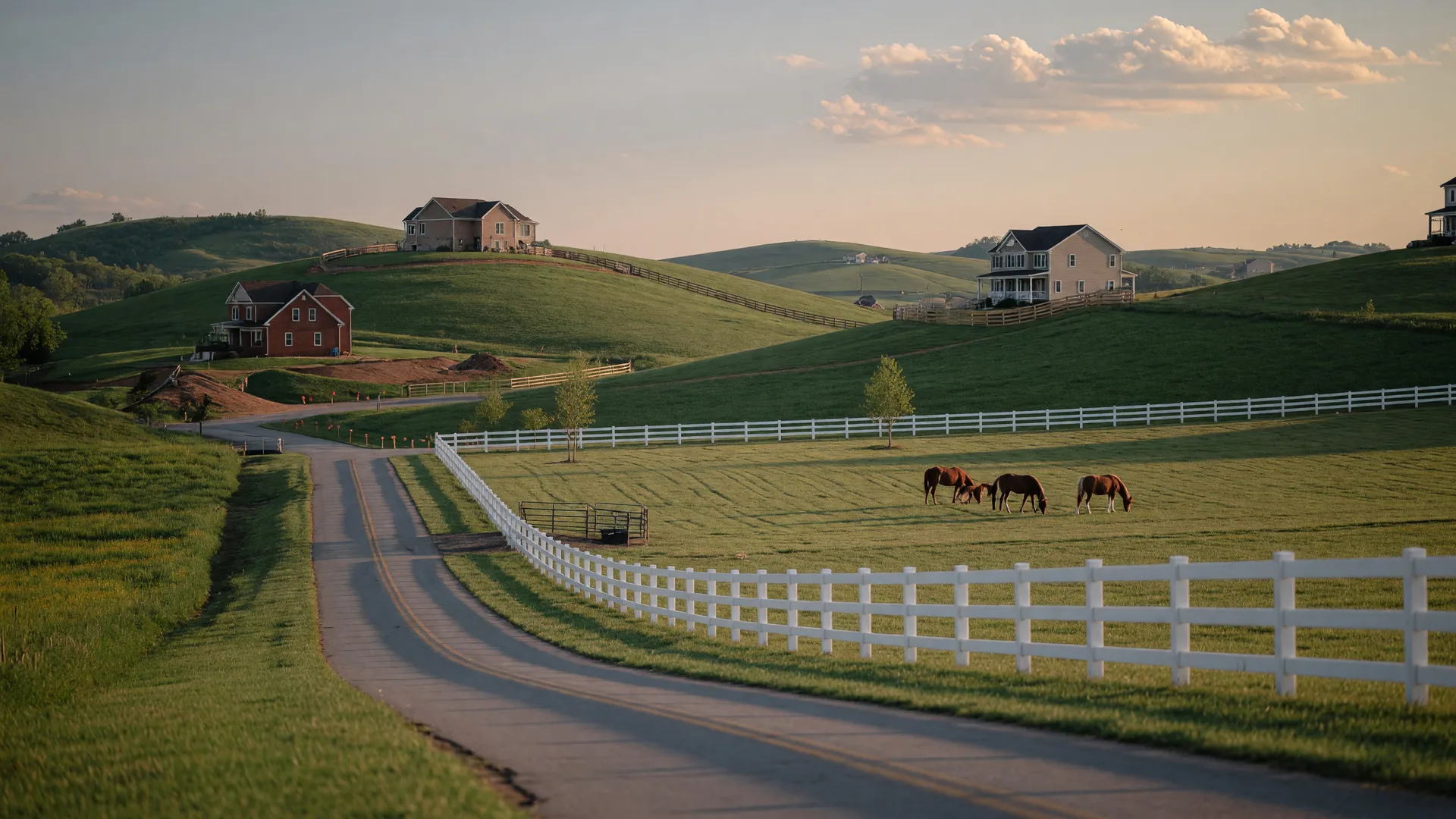 Rolling green countryside near Alvaton with a white board fence and newer homes on large lots