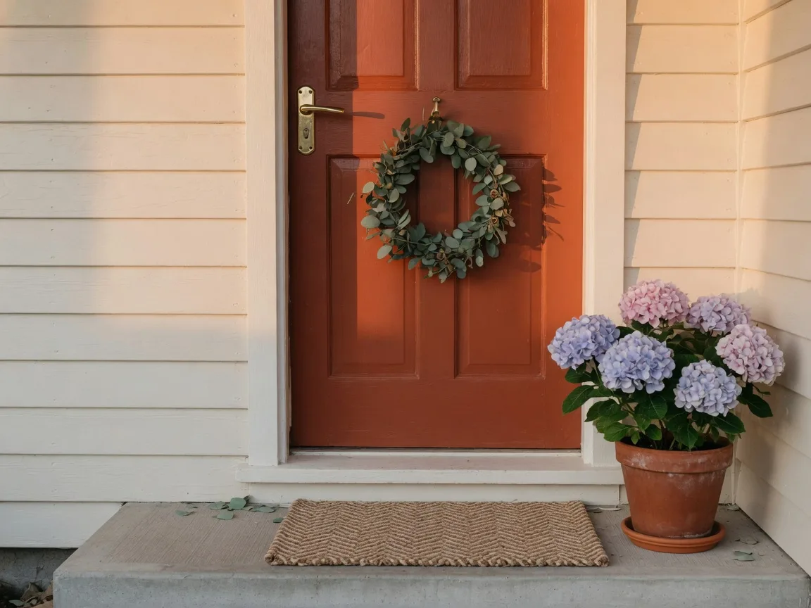 A freshly painted terracotta front door with a brass handle and eucalyptus wreath