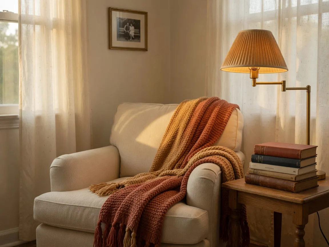 A cozy home reading nook with an armchair, throw blanket, and books at golden hour