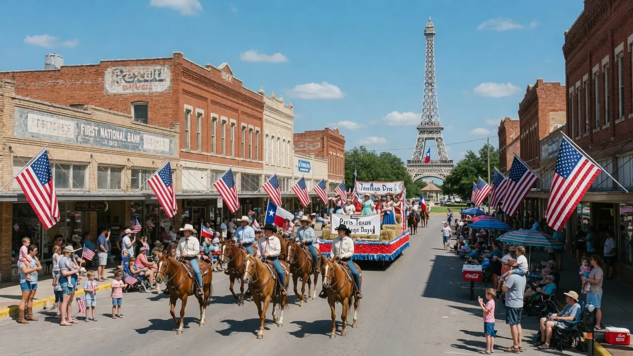 Small-town Texas downtown parade on a bright summer morning with horse riders in western hats, parade floats, brick buildings, and a replica Eiffel Tower in the distance