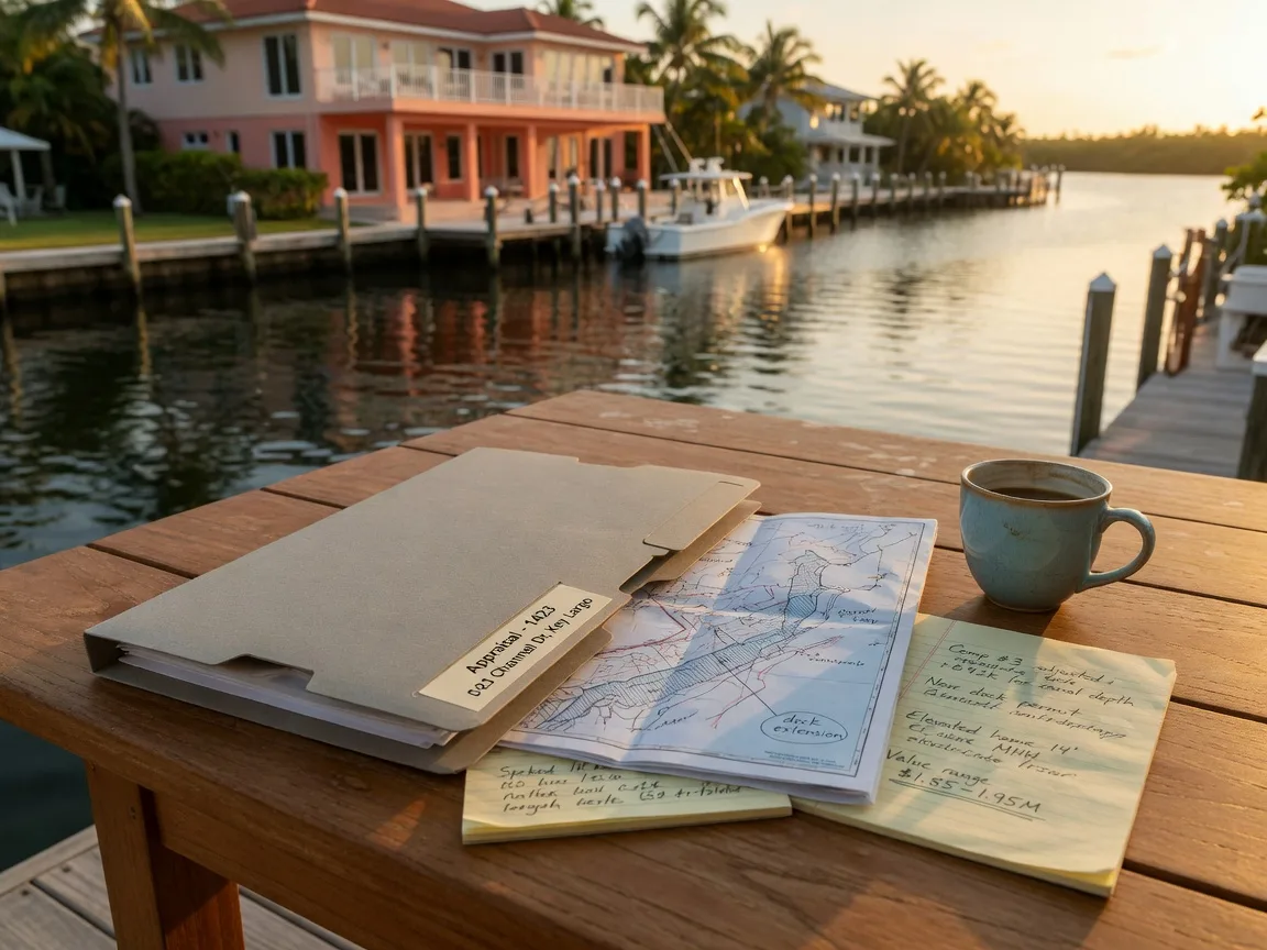 A residential appraisal file folder with a folded survey map and handwritten notes resting on a warm teak dock table beside a coffee cup, overlooking a deep-water Florida Keys canal with a luxury elevated home softly blurred in the golden-hour background