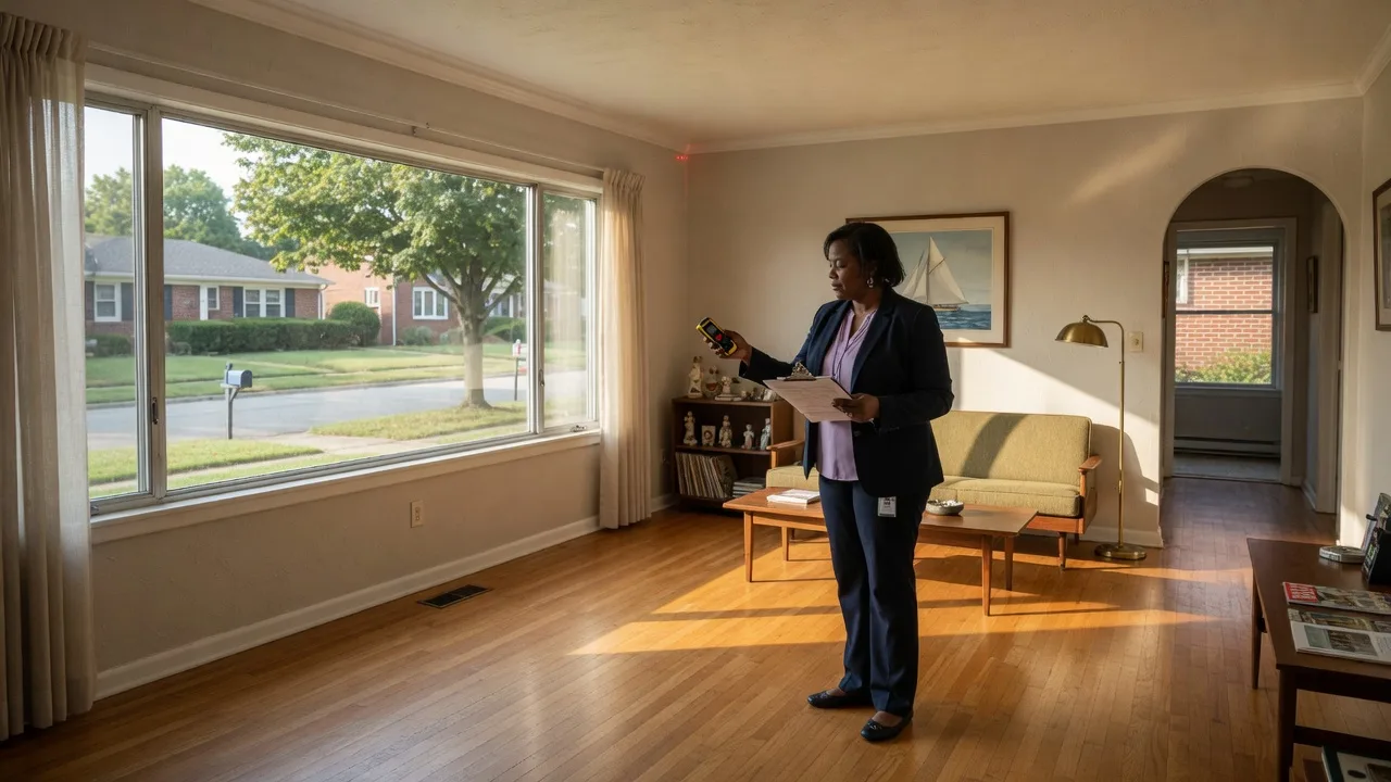 A professional home appraiser measuring a living room interior in a Dayton Ohio mid-century ranch home with natural afternoon light