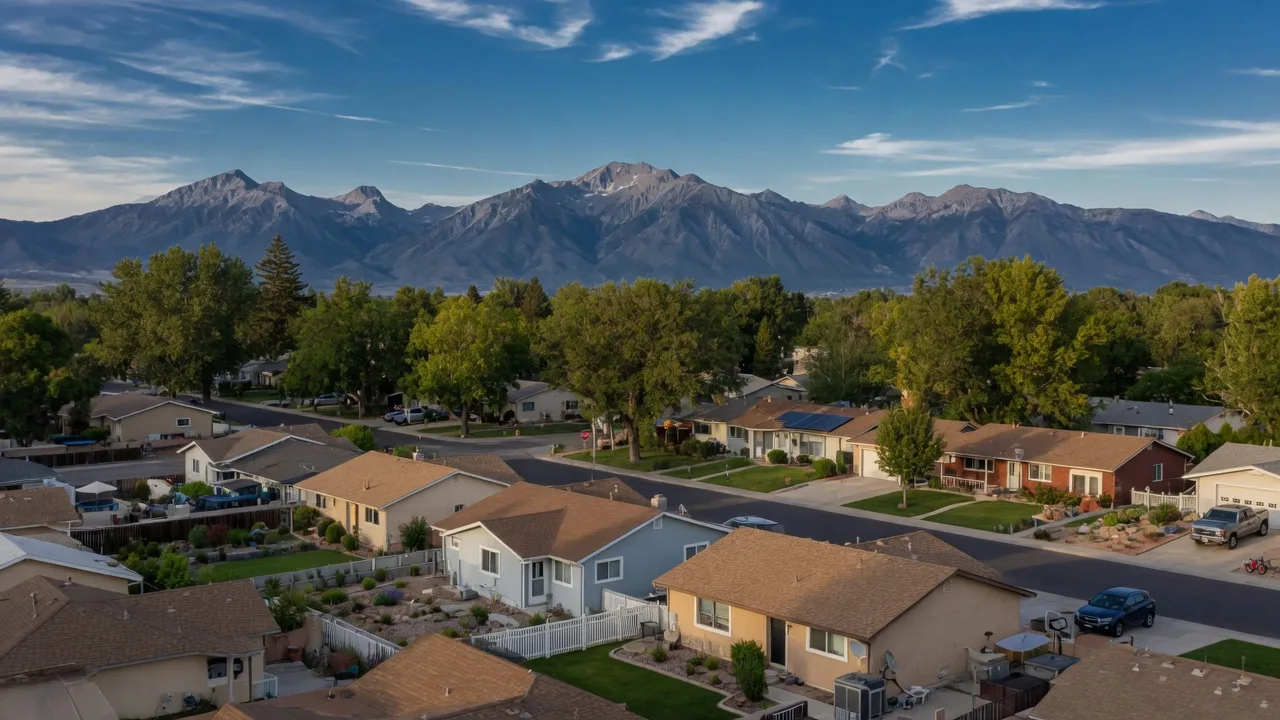 An elevated view of a sunny Carson City neighborhood with tidy homes, shade trees, and the Sierra Nevada range rising behind the rooftops.
