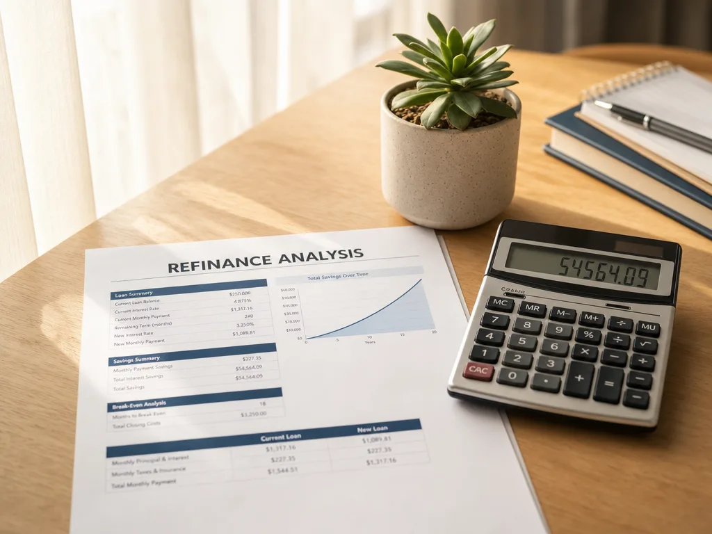 Calculator, refinance analysis document, and succulent on a wooden desk, soft morning light