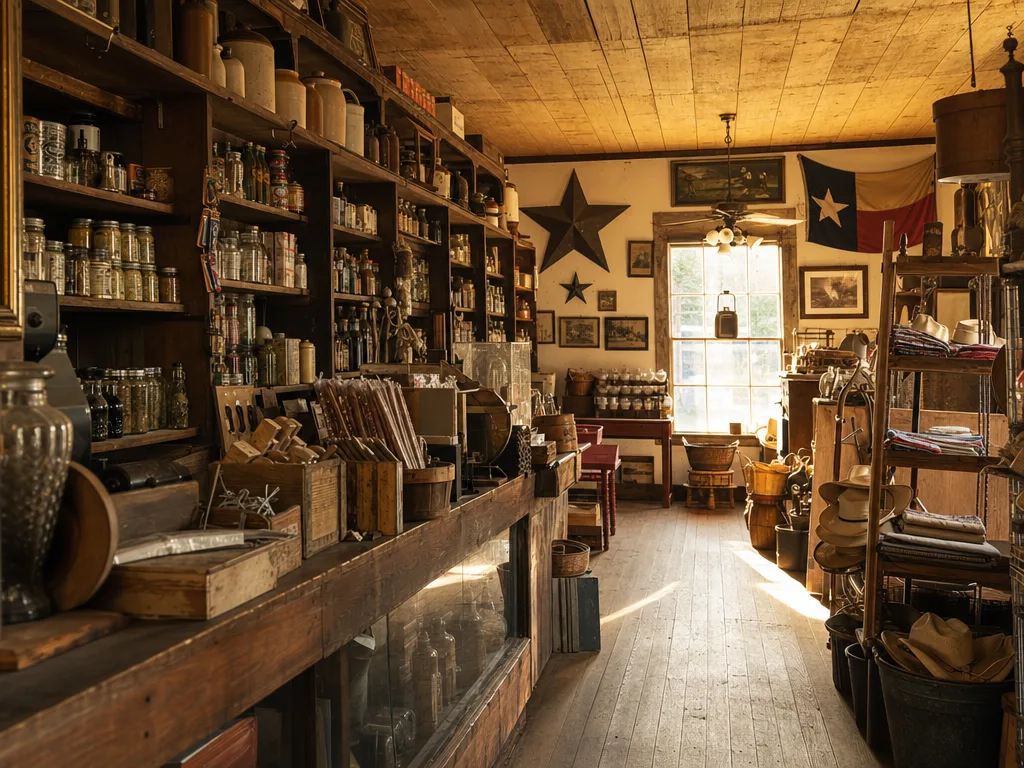 Interior of the Gruene General Store with wooden shelves, vintage merchandise, and rustic Texas decor