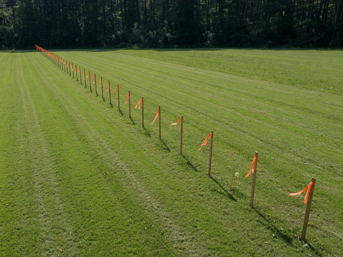 Survey stakes with orange flagging tape marking a line across a mown meadow