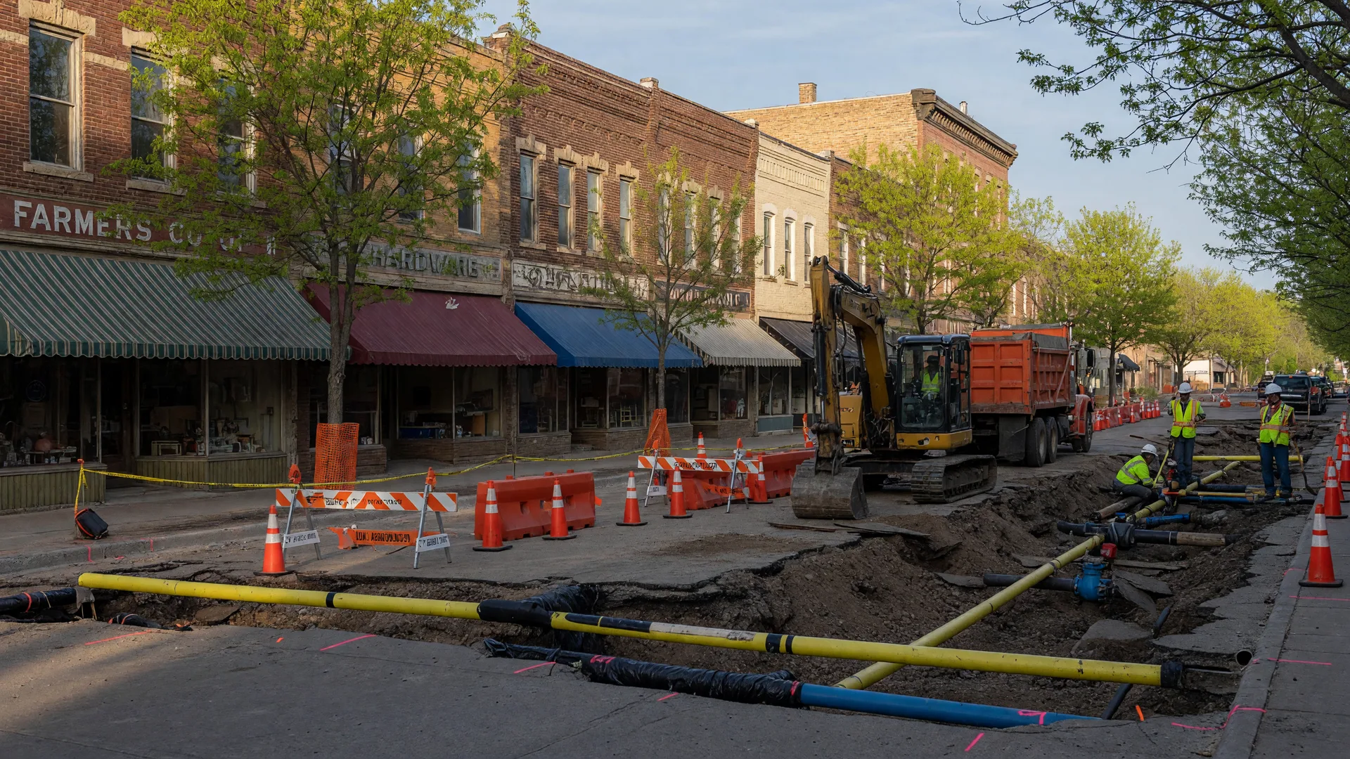 A downtown street and utility reconstruction project in a small Minnesota town, with brick storefronts and new water and sewer trenches